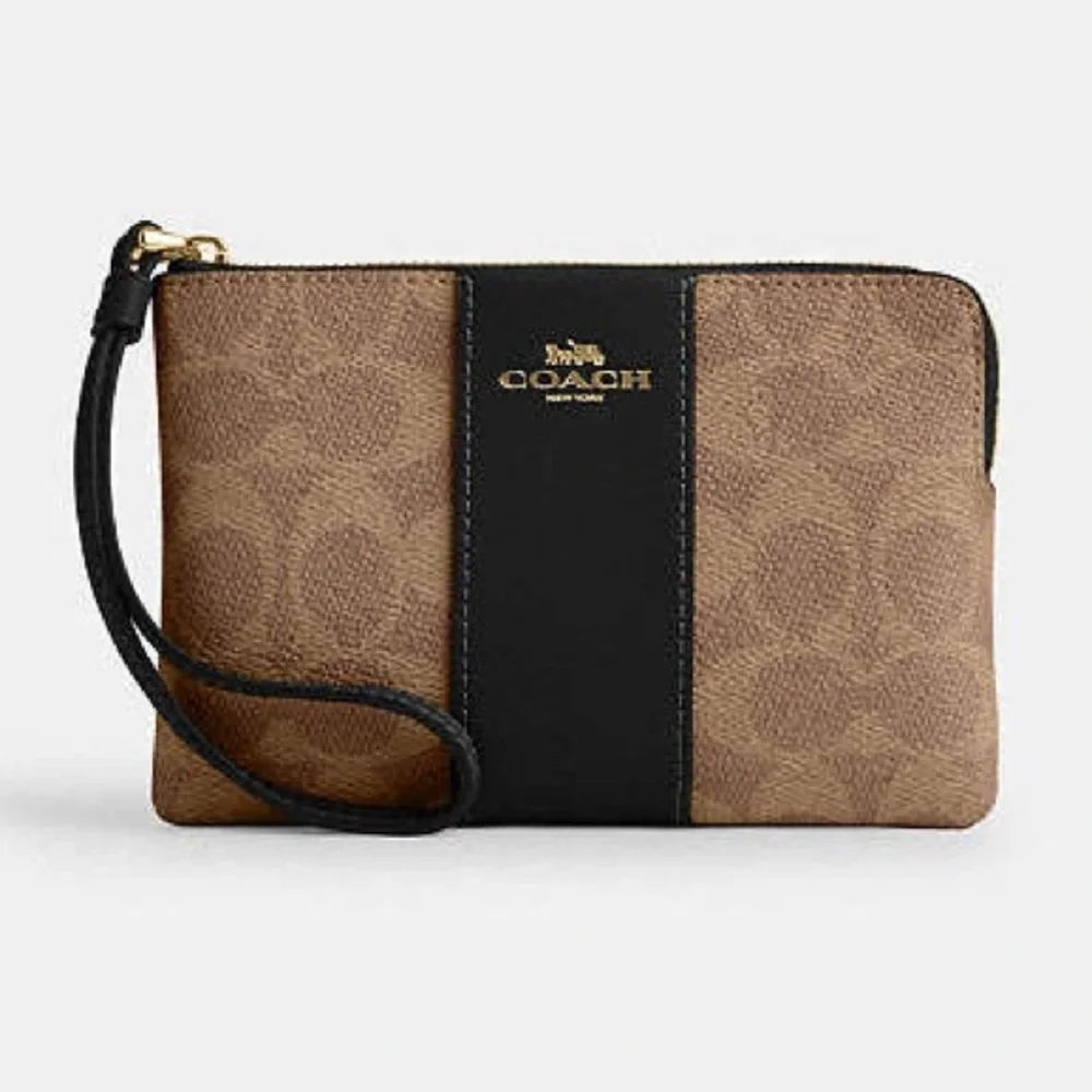 Coach Corner Zip Wristlet Signature Canvas Logo Clutch Tan Gold Black Leather - Picture 8 of 8